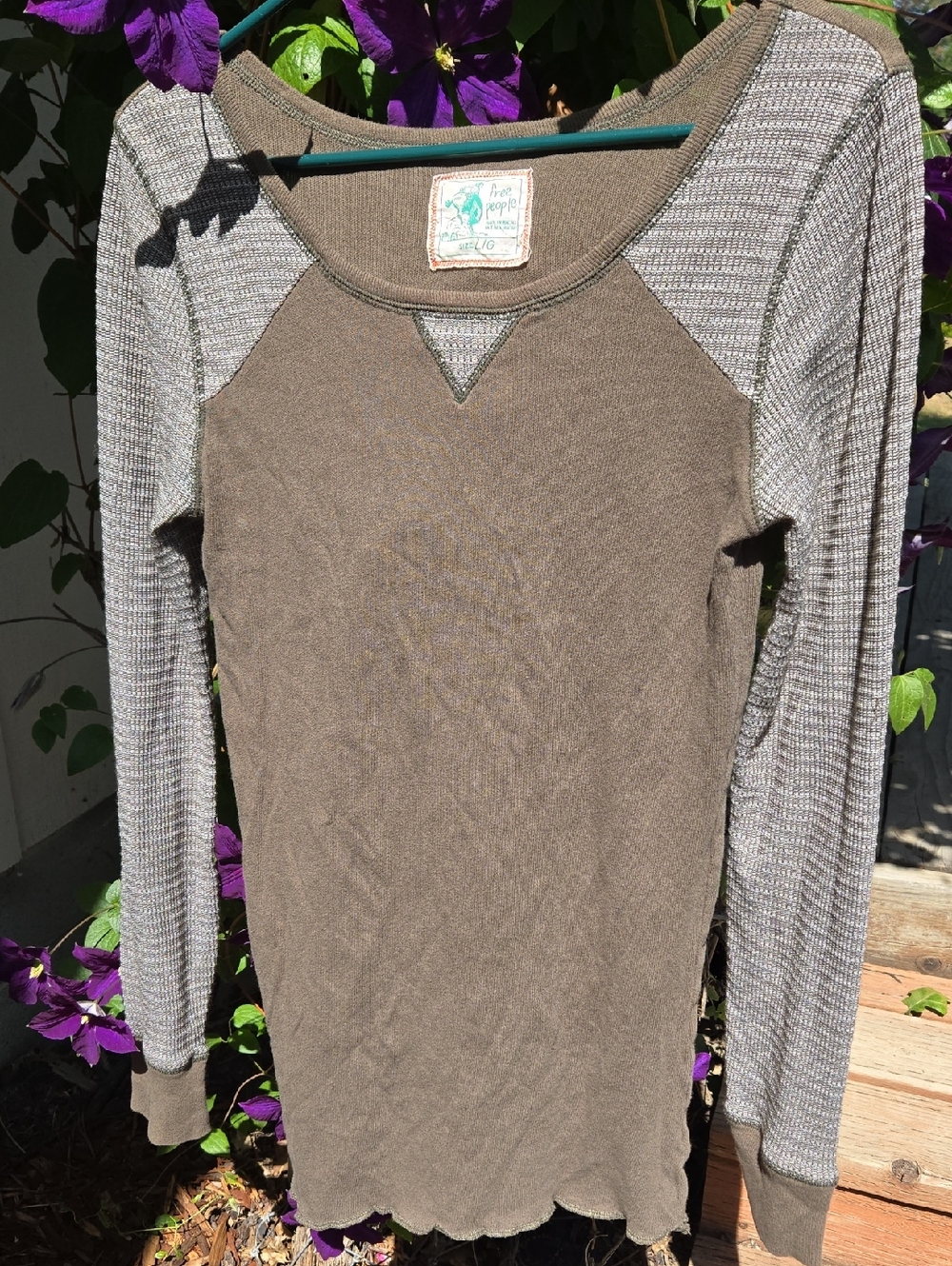 VTG 90s Free People Raglan Knit Long Sleeve Top Olive Drab Boho SZ L (BIN 004)